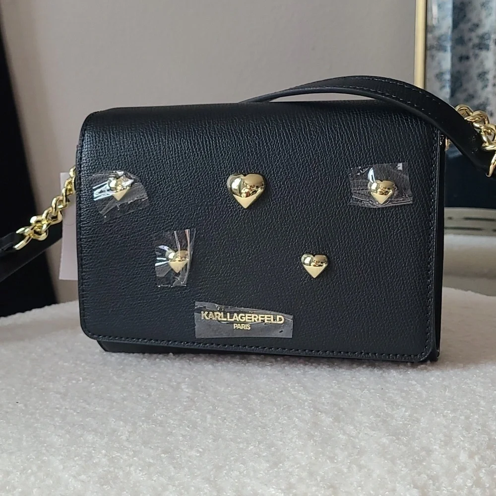 NWT Karl Lagerfeld Paris Maybelle Black Gold Heart Crossbody - Picture 1 of 8